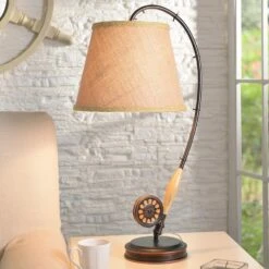 Kenroy Fly Rod Table Lamp In Oil Rubbed Bronze With Wood Accent